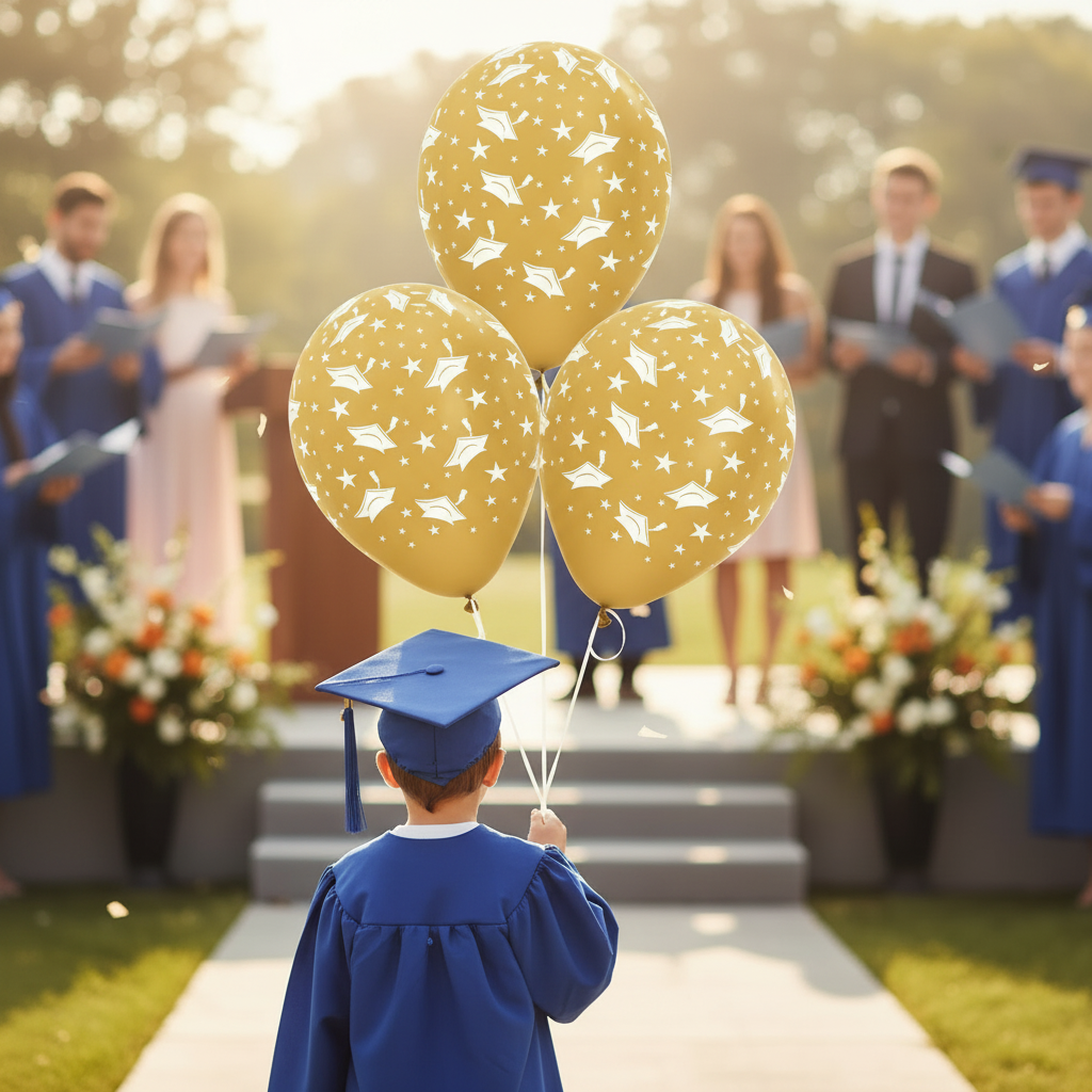 Back-facing boy holding graduation balloons